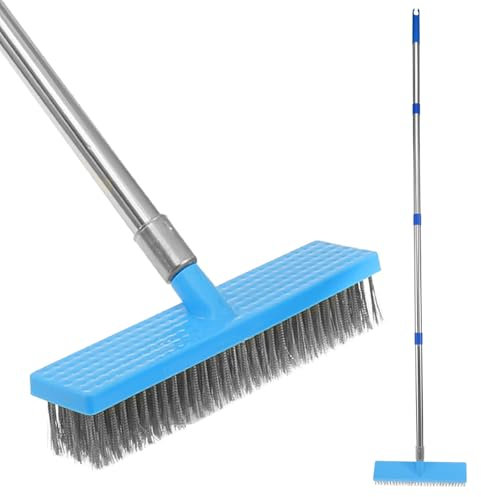 67 Inch Stainless Steel Wire Broom with Long Handle, Stiff Metal Bristle Deck Scrub Brush 4 Detachable Pole, Outdoor Floor Scrub Brush for Cleaning Moss Algae Weed (30x170cm)