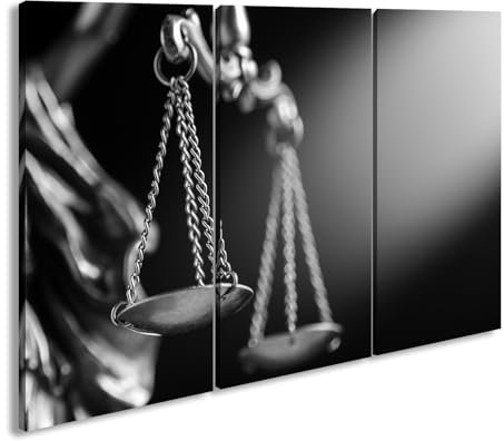 deyoli Leinwandbild Waage der Gerechtigkeit im Licht, Symbol des Gleichgewichts. Format: 120x80cm (3Teilig) Effekt:Schwarz&Weiß XXL Kunstdruck Bild auf Holzrahmen/Wandbild/Wohnzimmer Dekoration