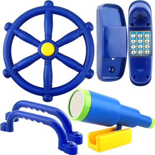5 Pcs Kids Playground Accessories Outdoor Plastic Steering Wheel Phone Telescope Telephone Safety Handle for Kids Playhouse Jungle Gym Backyard Tree House (Blue Set 1)