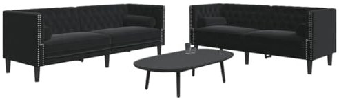 Willood 2-Sitzer Sofa Chesterfield Sofa Set mit Nackenrollen Couch für Wohnzimmer Wohnzimmersofa Wohnzimmermöbel Schwarz Samt