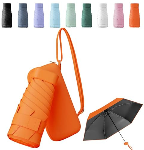 Sykerout Mini Regenschirm - Kompakter Taschenschirm, Faltbarer Reise-UV-Schirm Mit Kartenhalter Und Seil (Orange)