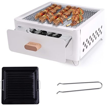 Crystals Portable BBQ Grill, Folding Tabletop Charcoal Barbecue Grill, Foldable Stainless Steel BBQ Grill for Camping, Garden, Travel, Picnic, Outdoor (White)