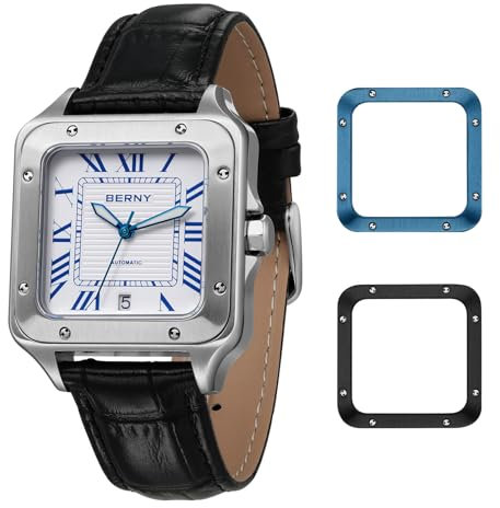 BERNY Automatische Uhr für Männer Quadratische Uhren Saphirlinse AR Beschichtung Mechanische Uhren 10ATM wasserdichte Männer Analoge Armbanduhr Vintage Männeruhr mit 2 austauschbarer Lünette