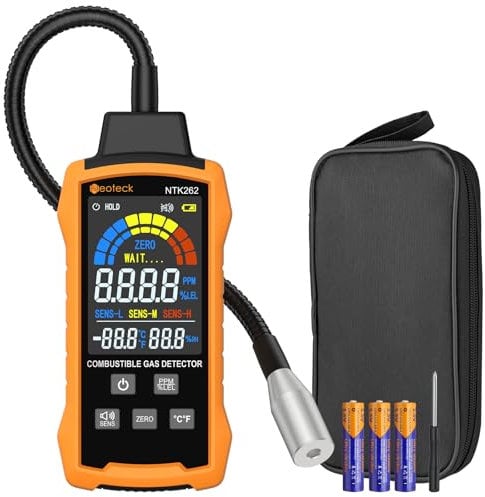 Neoteck Detector de Gas Natural 0-9999PPM/0%-20% LEL Detector de Fugas de Gas con 12 Pulgadas Sonda Flexible Detector de Gas Combustible con 3 Modos Sensibles para Vivienda Caravana Estufa Gasoducto
