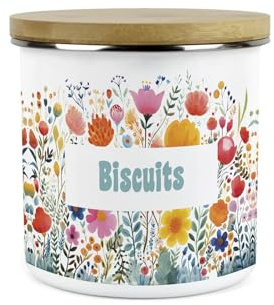 Flower Meadow Small Biscuits Storage Canister - Bright Floral Kitchen Décor - 1.2L Enamel Food Storage Container