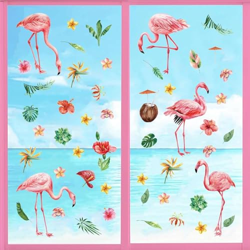 ANHUIB Rote kronenkraniche wandaufkleber Dekor Fensterbilder Sommer Wandsticker Kinderzimmer Flamingo Hawaii Glas Aufkleber Selbstklebende Fensterbild Sommer Kinder Hawaii Party Fensterdeko
