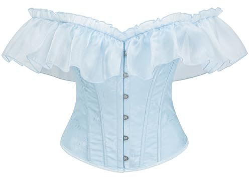 SHYMMUO Women Corset Top with Lace Sleeve Lace Up Sexy Bustier Lingerie Waist Trainer Costume Tops, Light Blue, Large