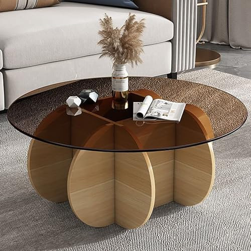 Rivorne Table Basse Ronde en Verre, Table Basse Salon Moderne, Verre Trempé + Panneau de Densité, pour Salon, Chambre À Coucher, Facile À Assembler(Natural,80x40cm/31x16)