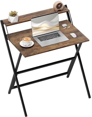 HOMCOM Folding Desk with Monitor Shelf, 81.5 cm Foldable Computer Desk for Small Spaces, Space Saving Writing Table Workstation for Home Office, Study, Easy Assembly, Rustic Brown