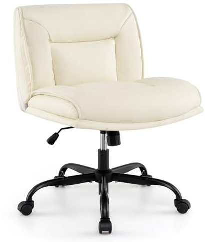 COSTWAY Schneidersitz Stuhl mit Rollen, Drehstuhl ohne Armlehnen, Schreibtischstuhl mit breiter Sitzfläche, Kunstleder Bürostuhl, Schminkstuhl, höhenverstellbar, Wippfunktion, modern, Beige