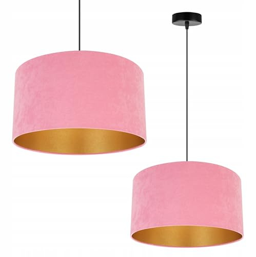 Plafonnier suspendu Holdi Light-Home - Lustre de plafond pour chambre salon et cuisine style glamour moderne E27 - Abat-jour rond doré Velours Rose - Base noire