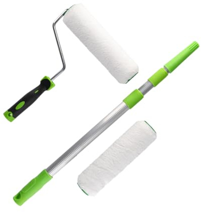 ToolSpace Malerset Farbroller Farbwalzen mit Teleskopstab 130 cm Lackierrollen Set 2x 25cm aus Mikrofaser und 2xGriff Malerrolle Wandroller für Farbe Wände Decken Innenräume Renovierung Streichen