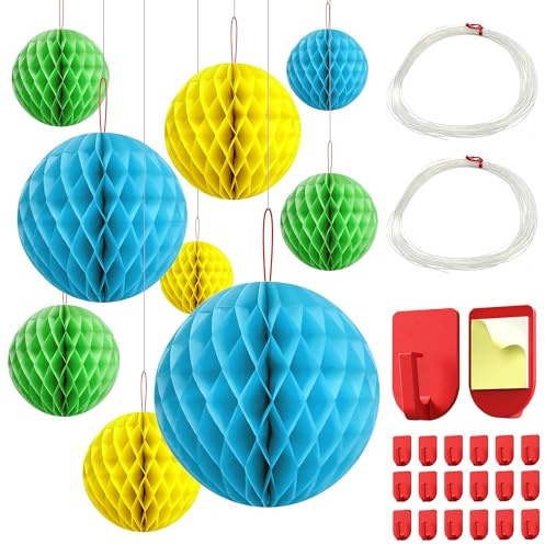 18er Papier Wabenball Dekoration mit 40 Metern Fischfeil und 20 Haken | Seidenpapier Honeycomb Balls Papier Wabenbälle Hängende Seidenpapier Honeycomb Balls for Party Dekoration