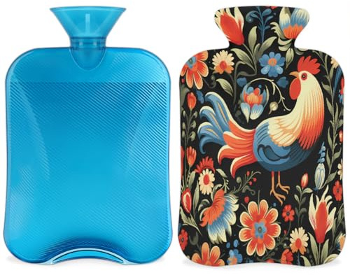 Entemne Wärmflasche, 2 l, buntes Blumenmuster, Huhn, Wärmbeutel mit Bezug, wiederverwendbare Therapie-Tasche zur Schmerzlinderung, Menstruationskrämpfe, Muskelkater, Winterwärme