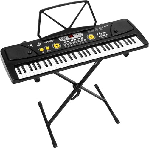 MAX KD61 Pack – Elektronische Tastatur für Kinder, 61 Tasten mit Keyboardständer, wiederaufladbarer Akku, Mikrofon, LED-Display, Rhythmen, Akkorde und Lernfunktionen für Anfänger – Schwarz