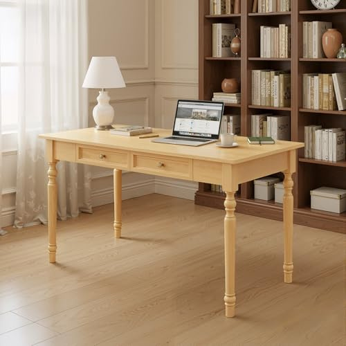 Schreibtisch/landschreibtisch/Sekretär/Konsolentisch,Massives Gummibaumholz, mit Schubladen, Höhe 76cm, Vintage für Büro und Home-Office(Naturholz,80x60cm)