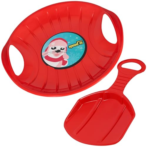 KOTARBAU® 2er Set Popo - Rutscher Kinder - Schlitten – Kunststoff Rutschteller - ø 60 cm – Rodelbahn – Schlitten zum Rodeln im Schnee – 34x53 cm - Rot