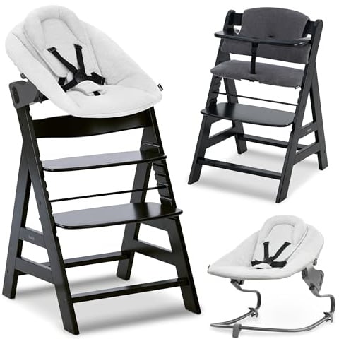 hauck Alpha+ Hochstuhl Newborn Set mit Premium Bouncer - Schwarz | Mitwachsender Holz Kinderhochstuhl ab Geburt bis 90 kg | inkl. Neugeborenenaufsatz & Sitzkissen