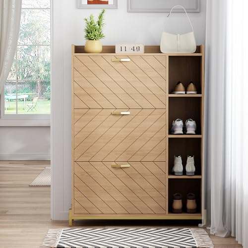 BENMWS Natura - Scarpiera con venature in rovere, 90 x 24 x 119 cm, tre porte, grande capacità, ingresso ultra sottile, ripiani laterali aperti, colore: Nero