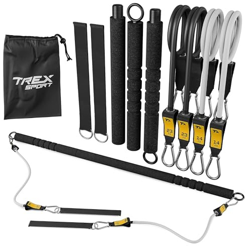 TREX SPORT Widerstandsbänder Set mit Pilates Stange mit Hand- & Fußschlaufe | TX-023TS Fitness Stick, Expander 14–37 kg, Naturkautschuk, Schwarz, Unisex
