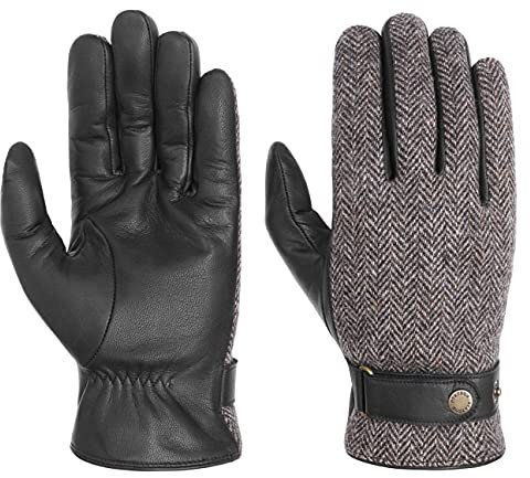 Stetson Herringbone Wool Lederhandschuhe Herren - Herrenhandschuhe aus Wollmix - Hand-Innenseite aus 100% Ziegenleder - Futter aus 100% Baumwolle - Fingerhandschuhe Herbst/Winter schwarz-grau 9 1/2 HS
