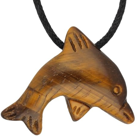 Lebensquelle Plus Delphinanhänger | Edelstein Tieranhänger Delphin | Gebohrter Anhänger mit Baumwollband (Tigerauge)