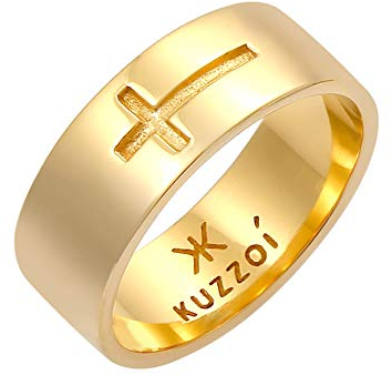 Kuzzoi Herrenring Bandring für Männer mit Kreuz Motiv aus 925 Sterling Silber vergoldet, Breiter Silberring (8 mm) im goldenen Design, Breiter Ring für Herren mit Kreuz, Ringgröße 64, 0610410620_64