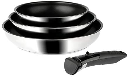 SITRAM 713510 Juego de 3 sartenes Sitramovible ARPEGE de acero inoxidable Ø 20-24-28 cm - Revestimiento interior negro libre de PFOA - Mango extraíble - Todo tipo de fuegos incluida induccion