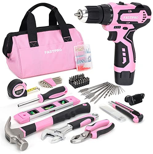 FASTPRO 175-Piece 12V Pink Drill Set, Cordless Lithium-ion Driver and Tool Kit, House Repairing Tool with 12-Inch Storage Bag, for DIY, Home Maintenance.