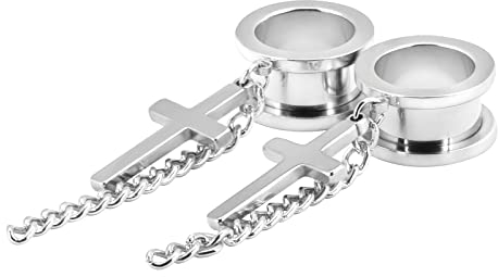 Longbeauty 2 Stück Edelstahl Tunnel Kreuz 316L 6-16MM Fleshtunnel Ohrtunnel Ohr Plugs Gauges Tunnel Mit Anhänger Set Silber Expander Dehnschmuck Körperschmuck Herren Damen, 8mm