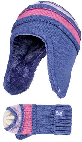 HEAT HOLDERS - Kids Girls Winter Warm Fleece Lined Cable Knitted Thermal Beanie Hat and Mittens with Ear Flaps (3-6 Years, LS1P10)
