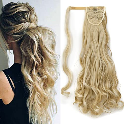 Gairyan Ponytail Extension Gewellt 60cm Gewickelt Haarverlängerung Zopf Pferdeschwanz Haarteil Zopf Extensions Lockige Lang Kunsthaar Zopf Haarteil Synthetik Haare für Frauen, Bleichblond & Sandyblond