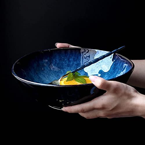 Gweat Japanischer Stil Blau Retro Keramik Geschirr Kreative Ramen Bowl Große Suppenschüssel Fruchtsalatschüssel(Size:9 Inch)