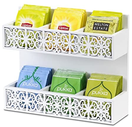 QILICZ Vertikaler Teebeutelorganizer aus Holz Vintage durchbrochenes Muster,Teebeutelhalter Teebox, Teeaufbewahrung für Zuhause Büro - Teebeutelbox Teekiste für Teebeutel Zucker Kaffeekapsel