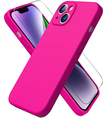 ACRONIX Compatible with iPhone 14 Case 6.1,with 1 x Screen Protector, Silky-Soft Touch Liquid Silicone Shockproof Rubber Cases Comprehensive Protection Cover for iPhone 14-Hot Pink