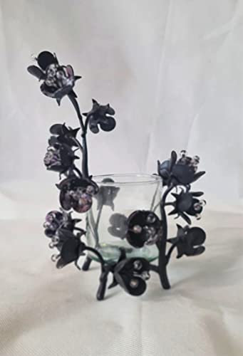 Porta Candela Votiva con Fiori in Ferro battuto Brunito, Fiori con dettagli in Vetro - 16 cm altezza