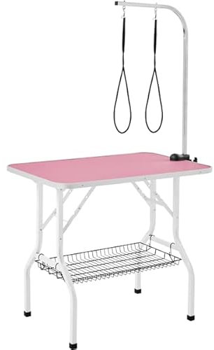 Abician Table de Toilettage pour Chien/Chat/Animaux de Compagnie Table de Toilettage Pliante avec Potence Réglable 2 Sangles 1 Panier de Rangement Plan de Travail Antidérapant Rose