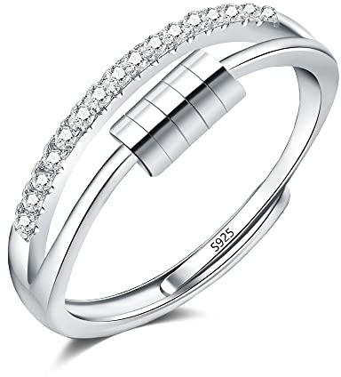 Zolkamery Silber Anxiety Rings, 925 Sterling Silber Damen Angst Ring, Offen Einstellbar Anti-Angst Dekompressionsringe, Silber Anxiety Fidget Ringe mit Band & Zirkonia, Zappelring Spinner Fidget Ring
