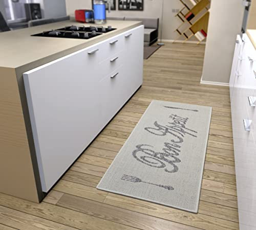 Hanse Home Bon Appetit de lusso Läufer Teppich – Küchenteppich Küchenläufer mit Schriftzug, rutschfest Pflegeleicht Robust, ÖKO-TEX Teppichläufer für Küche, Flur, Esszimmer – Creme Grau, 62x150cm