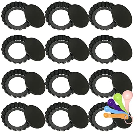 12pcs 4 inch Mini Quiche Tins Tart Tins Quiche Dish Small Individual Pie Dish for Baking Pans with Removable Loose Bottom Base Non Stick Fluted Kitchen Bakeware Trays Pastry Flan Dishes Black