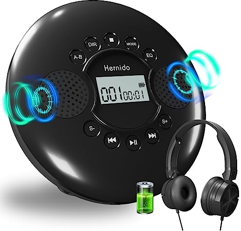 Hernido Portable CD Player with Speakers, Walkman CD Player with Headphones, Rechargeable Battery CD Player for Car, Home Audio/Music Player & AUX Output, Anti-Skip Protection