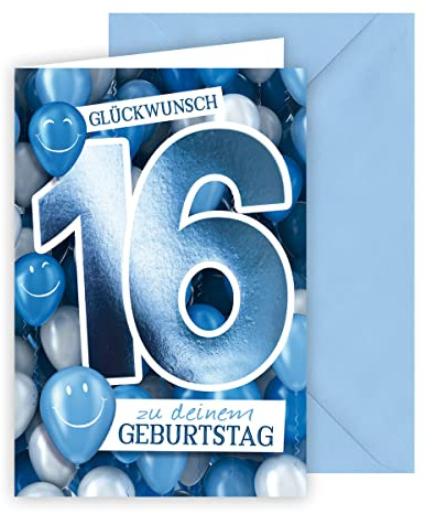 KE - 16. Geburtstagskarte für Jungen und Mädchen, inklusive Umschlag, DIN B6, hochwertig und farbenfroh, perfekt für Teenager-Geburtstagsfeiern, Motiv: blau