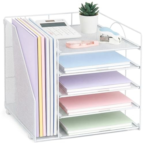 LEKETREE Schreibtisch-Organizer und Zubehör, 5-stöckige Papier-Briefablage mit Aktenhalter, Schreibtisch-Organizer für Bürobedarf, Büro-Schreibtischzubehör und Arbeitsplatz, Weiß