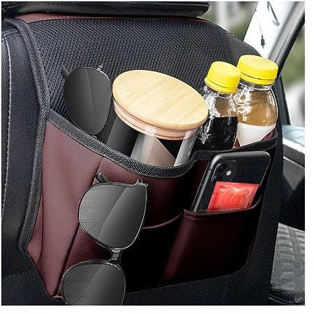 JNNJ Auto KopfstüTze Leder Organizer, PU Material Auto Rücksitz Aufbewahrungstasche, Auto Innenraum Zubehör Multi Staumöglichkeiten Tasche für Telefon Becher(Braun Rot)