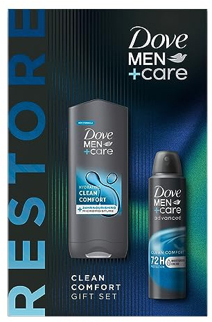 Dove Men+Care Restore Clean Comfort Hydrating 3-in-1 Hair, Face and Body Wash with 72H Sweat Protection Anti-Perspirant 2 Pieces Ready to Give Gift Set for Him