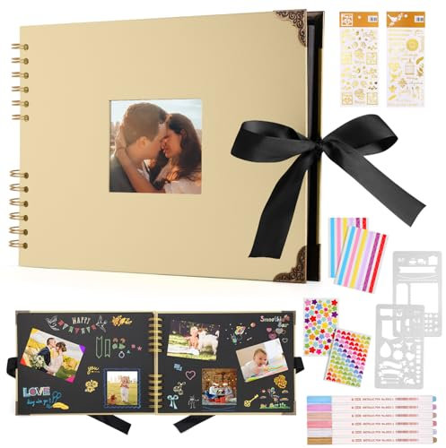DazSpirit Fotoalbum 29,5 X 21cm Fotoalbum Zum Selbstgestalten Schwarz Fotobuch Mit 80 Seiten Scrapbook, Für 160 Bilder, Inkl.6 Metallic Farbmarker, Gästebuch Für Geburtstag Und Hochzeit(Gelb)