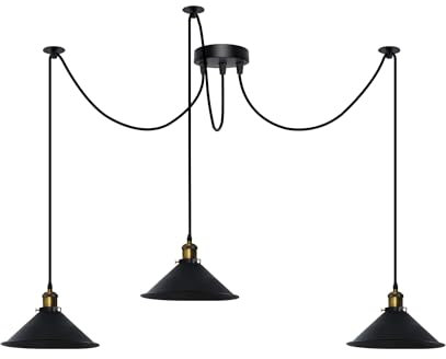 DC VOLTAGE 3 Head Spider Lights Metal Cone Shaped Black 20 cm Shades Industrial Pendant Lights with 2m Adjustable Cable for Kitchen Island Living Room Bed Room