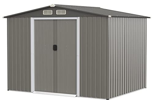 COSTWAY Casetta da Giardino 260 x 207 x 181 cm, Capanni da Esterno con 4 Feritoie, Doppie Porte e Rampa, Capannone Porta Attrezzi in Acciaio Zincato per Giardino e Cortile (Grigio sicuro)