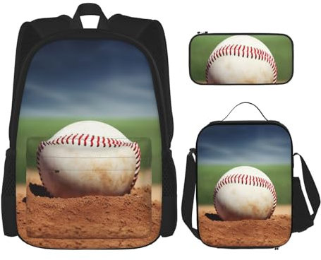 OUSIKA Baseball 3 Pcs Print Backpack Sets Casual Daypack with Lunch Box Pencil Case for Women Men, Black, One Size
