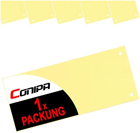Conipa® - 100 Stück Trennstreifen für Ordner DIN A4 Gelb (MADE IN GERMANY) gelocht - Trennblätter aus RECYCELTEN KARTON (240x105mm) - Trennlaschen & Trenner zur Unterteilung schmal - Abtrennen Pappe
